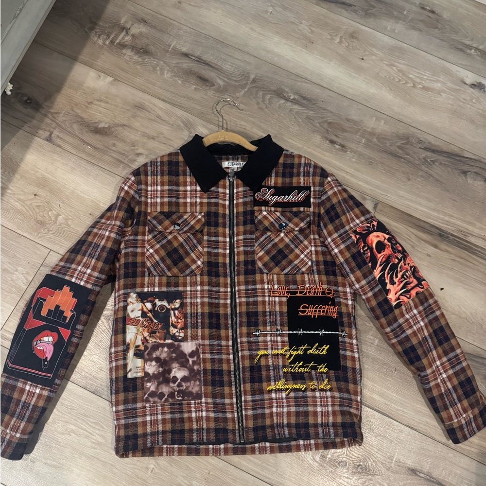 Brown and Black Plaid Lightweight Shirt Jacket with Unique Patches